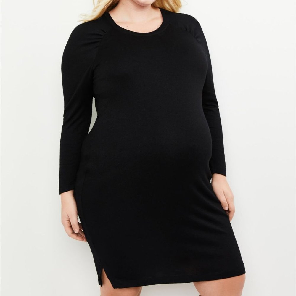 PLUS SIZE GATHERED SLEEVE MATERNITY SWEATER DRESS